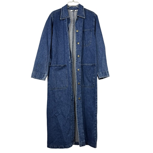 Vintage Denim Cotton Button Long Duster Patch Pocket Coat - Picture 1 of 5